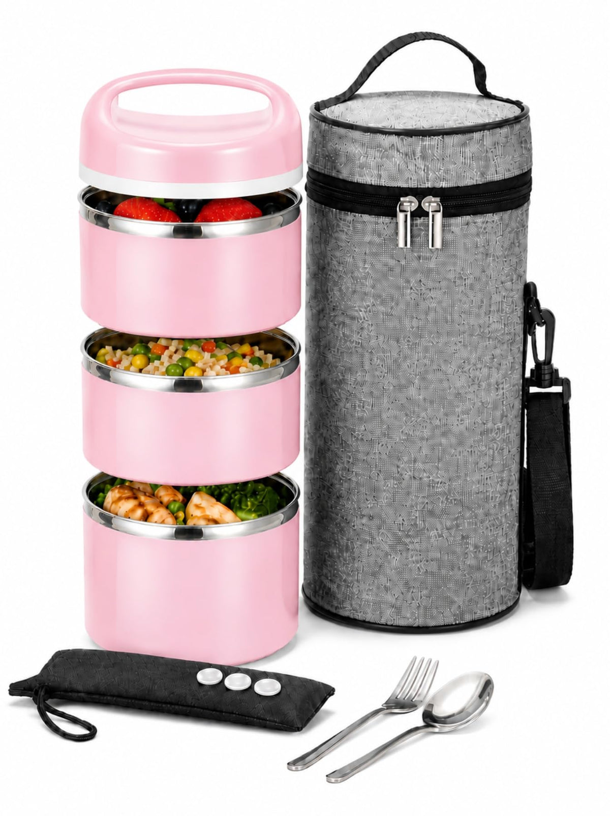 Lille Home Stackable Stainless Steel Thermal Lunch Box, 43OZ/1.38L