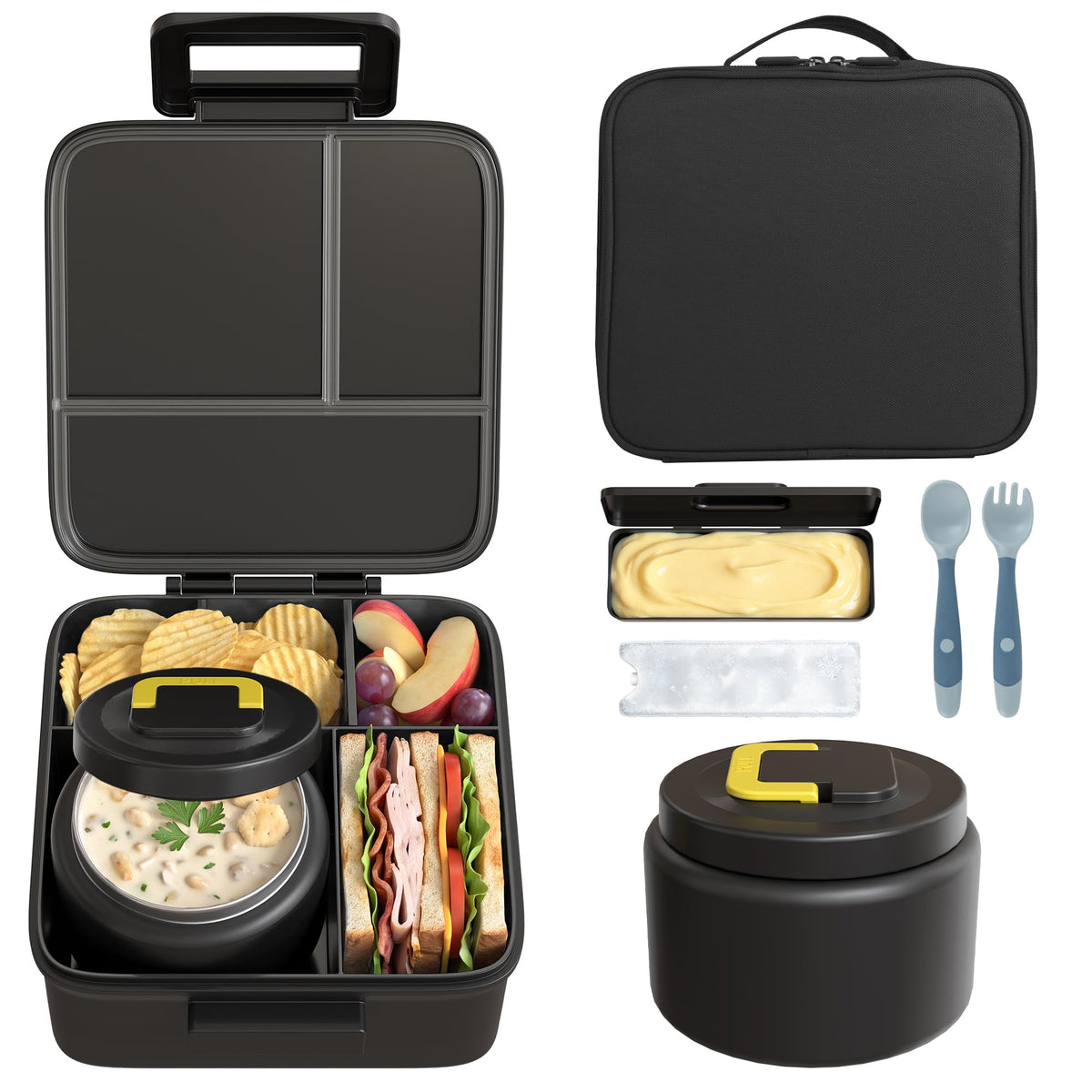 MAISON HUIS Bento Lunch Box with 8oz Soup Thermo, 5-Compartment Leak-Proof Container, Thermo Hot Food Jar and Insulated Lunch Bag, BPA Free,Travel, School