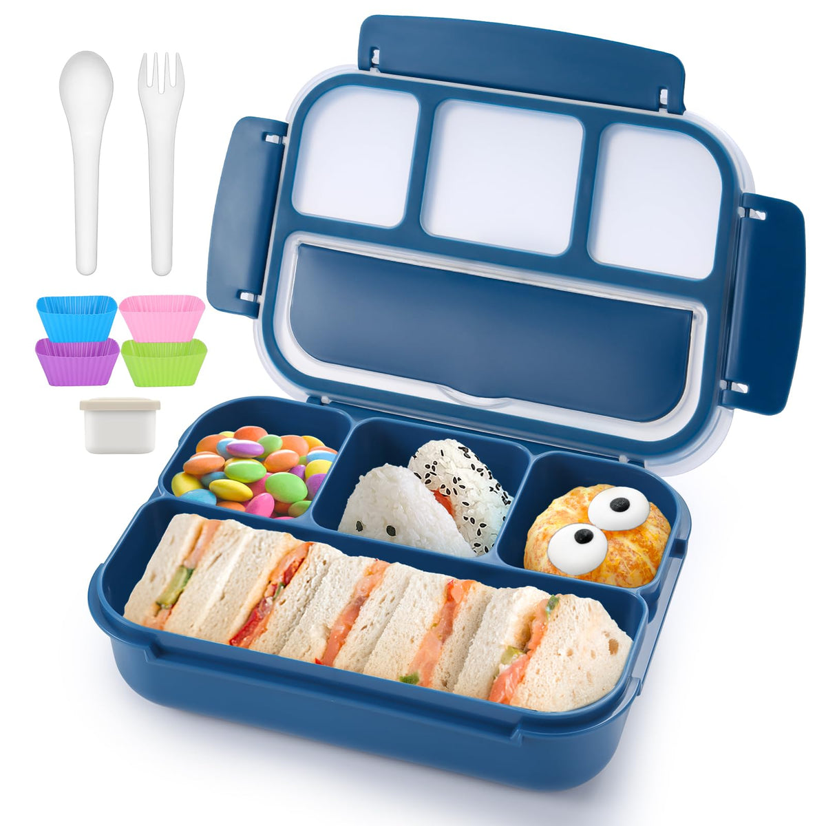 QQKO Bento Box Adult Lunch Box, Lunch Containers for Adults Men Women, Kids Lunch Boxes for School with 4 Compartments, Sauce Container, Utensils and Muffin Cups, Purple