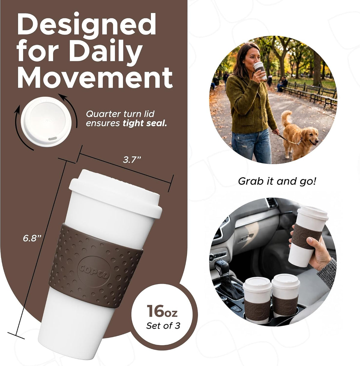 Copco 16oz Acadia Travel Mug, Set of 3 - Spill-Resistant (Brown)