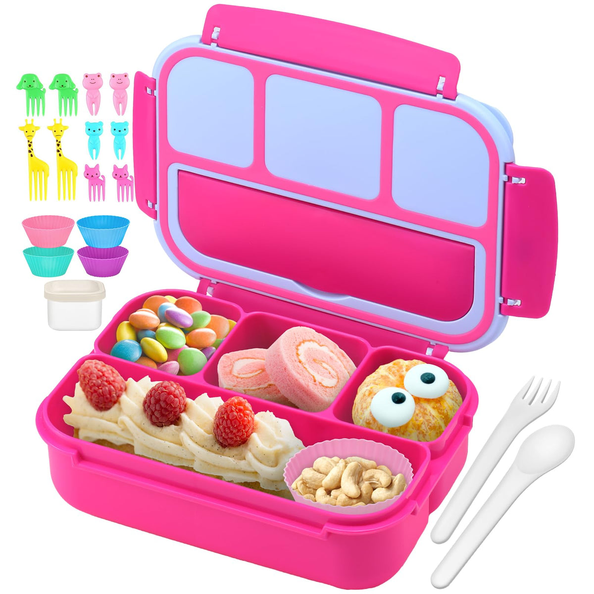 QQKO Bento Box Adult Lunch Box, Lunch Containers for Adults Men Women, Kids Lunch Boxes for School with 4 Compartments, Sauce Container, Utensils and Muffin Cups, Purple