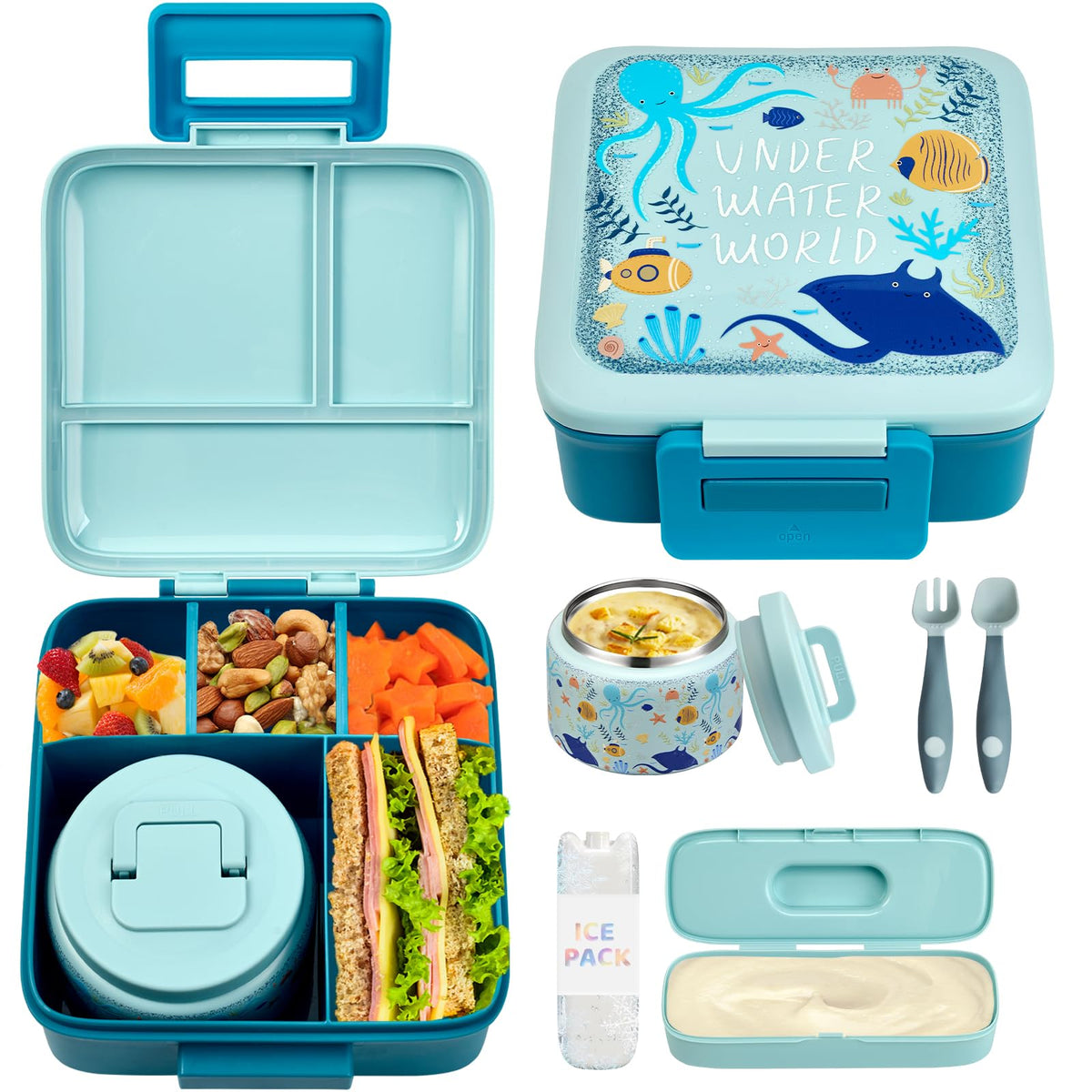 JXXM Bento Lunch Box for Kids With 8oz Soup thermo,Leak-proof Lunch Containers with 5 Compartment,thermo Food Jar and Lunch Bag, Food Containers for School (A-Black(Game Consoley))