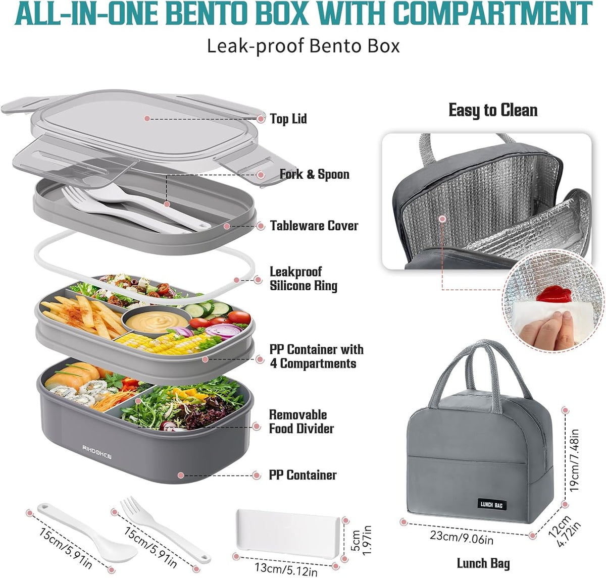RIKDOKEN Bento Lunch Box, Stackable 2 Layers Containers with Compartments, Portable 64OZ Large Capacity Leakproof Bento Box with Spoon & Fork & Lunch Bag, Microwave Safe Lunch Box for Kids and Adults