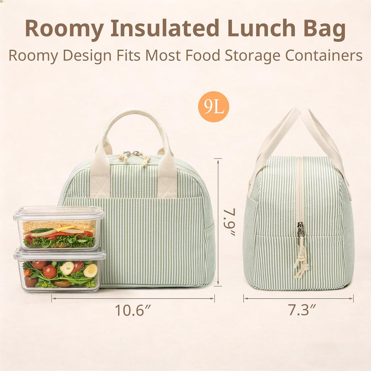 LOVELYWIND Lunch Box for Women, Insulated Lunch Bag, Green Stripe Tote 9L
