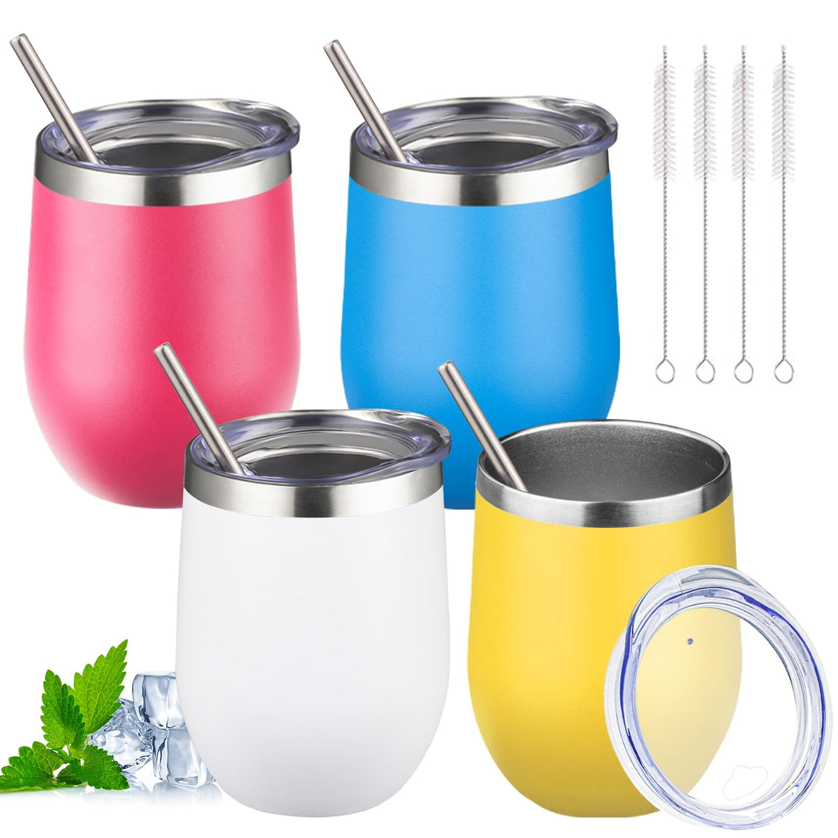 12oz Stemless Wine Tumbler with Lid Double Wall Insulated Wine Cup Stainless Steel Glasses Tumbler with Straw Insulated Cocktail Tumbler Coffee Mug for Hot and Cold Beverages (Multicolor-4, 4 Pack)