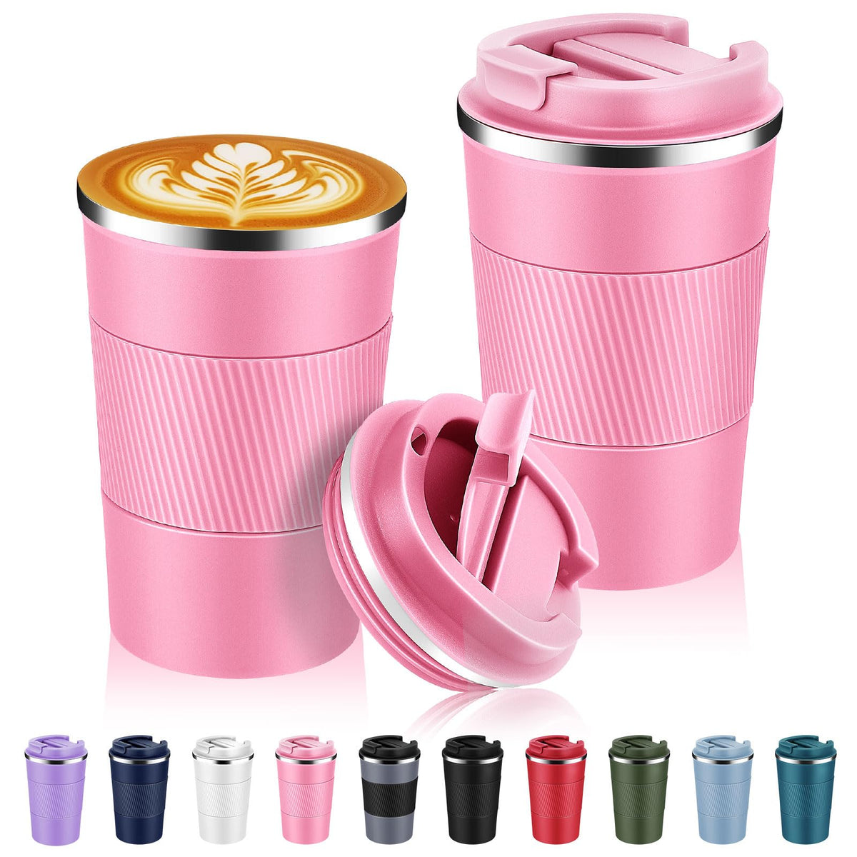 Volhoply 13 oz Stainless Steel Insulated Travel Coffee Cup with Fip Lid,Reusable Double Wall Vacuum Metal Coffee Mug,Portable to Go Leak Proof Cafe Mugs for Hot & Cold Drinks(Pink,1)