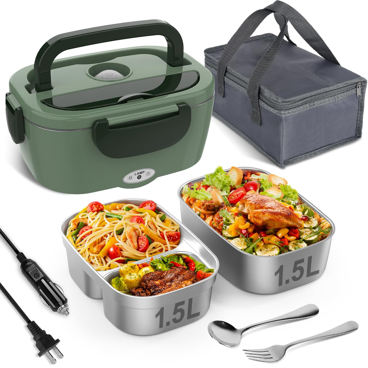 Vabaso Electric Lunch Box for Adults, 80W Heated Lunch Box Portable Food Warmer Lunch Box for Work/Men/Car/Truck with 1.5L 304 Stainless Steel Container Fork & Spoon, 110V/12V/24V