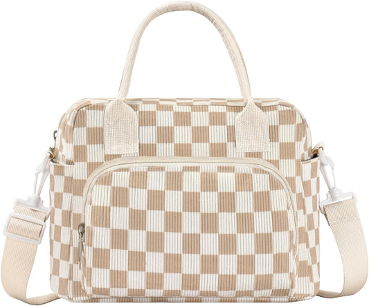 Lunch Bag Women Lunch Box for Women Adult Cute Insulated Lunch Bag Lager Cooler Lunch Tote Bags for Work Picnic (Beige-Brown Plaid)