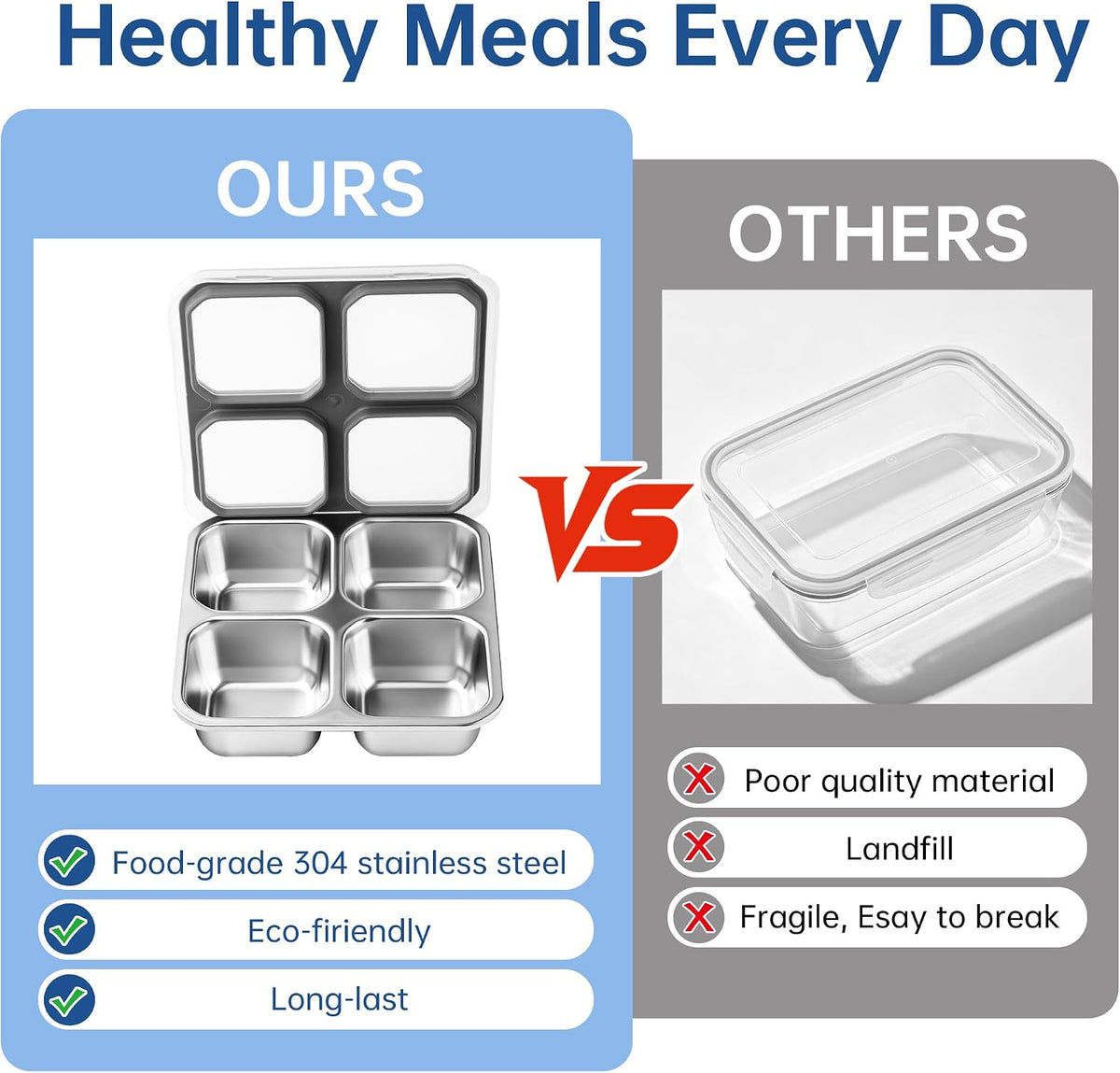 BEFOY 304 Stainless Steel Snack Containers with Lids Bento Lunch Boxes