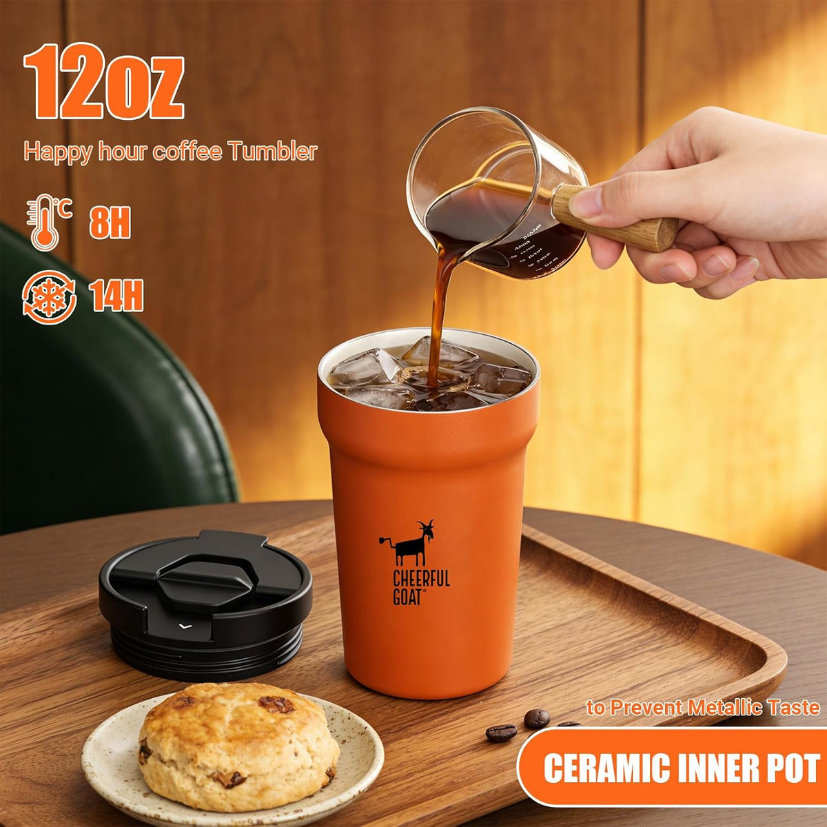 CHEERFUL GOAT Ceramic Lined Coffee Mug – Stainless Steel Travel insulated Tumbler with Ceramic Liner, with lid, 12oz Leak proof Cup for Hot and Cold Water Coffee at Home, Office (orange)