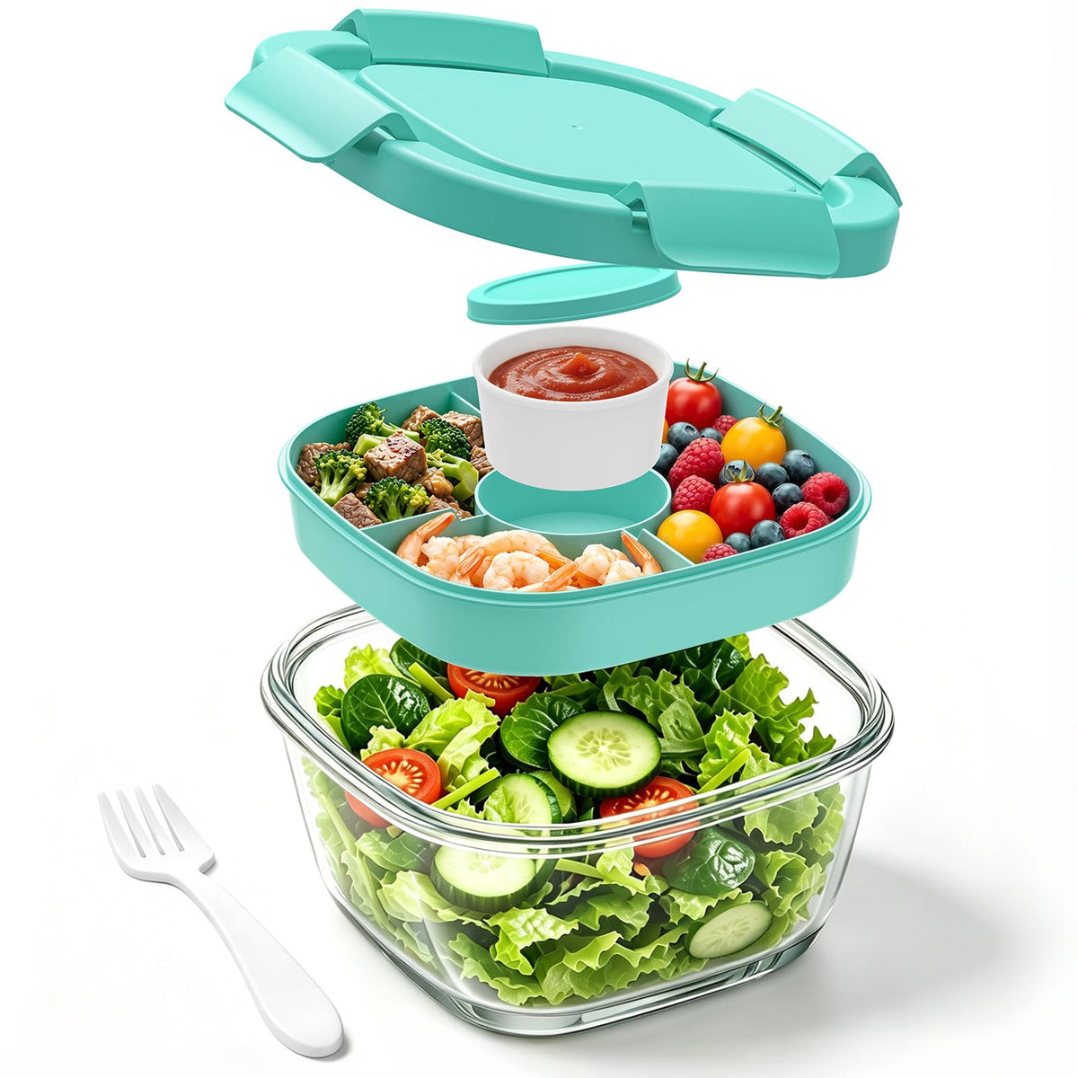 Glass Salad Container,56oz Salad Bowl To Go for Lunch with Airtight Lid,Leak-Proof Sauce Container,4-Compartment Bento Tray & Reusable Fork - BPA-Free Glass Lunch Box for Meal Prep,Office（Green）