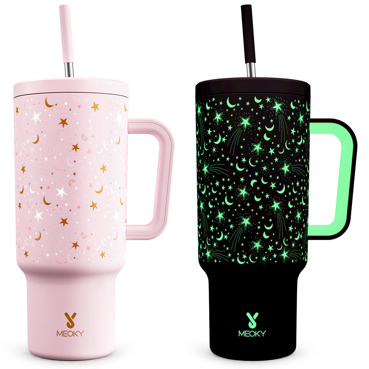 Meoky 40oz Tumbler with Handle, Leak-proof Lid and Straw, Insulated Coffee Mug Stainless Steel Travel Mug, Keeps Cold for 34 Hours or Hot for 10 Hours (Night)
