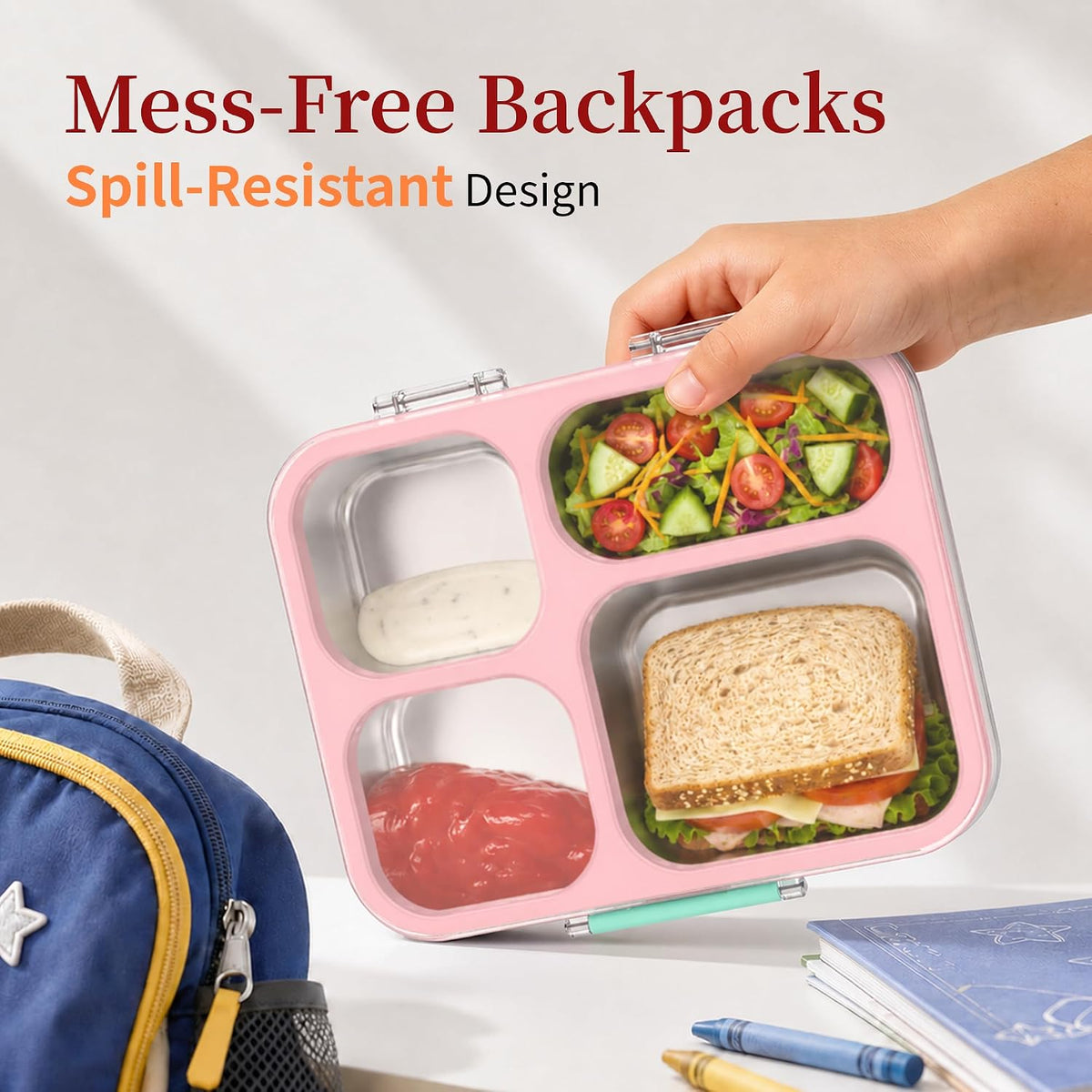 Stainless Steel Lunch Box for Kids, Leakproof 4 Compartment Kids Bento Lunch Box with Clear Lid, BPA-Free Steel Lunch Box Containers for School Travel (Pink)