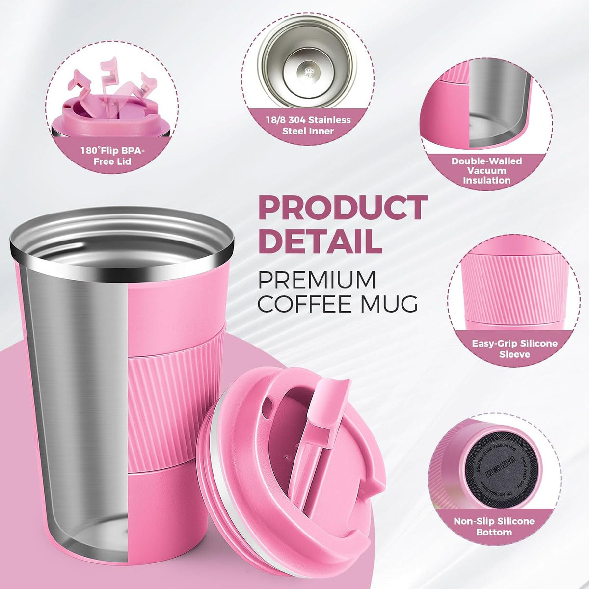 Volhoply 13 oz Stainless Steel Insulated Travel Coffee Cup with Fip Lid,Reusable Double Wall Vacuum Metal Coffee Mug,Portable to Go Leak Proof Cafe Mugs for Hot & Cold Drinks(Pink,1)