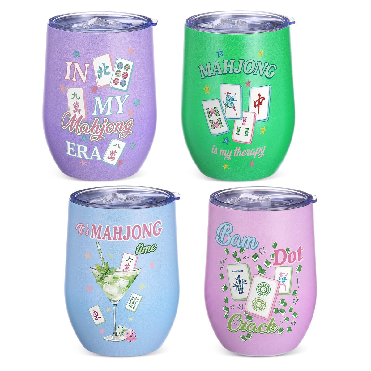 Patelai 4 PC Mahjong Cup Gift Tumbler with Lid Straw, 12 oz, Cute Mahjong