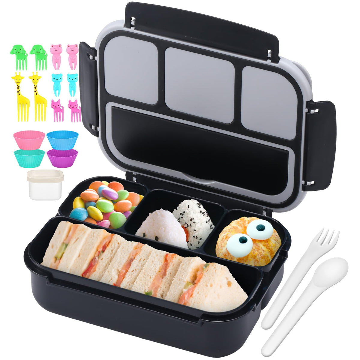 QQKO Bento Box Adult Lunch Box, Lunch Containers for Adults Men Women, Kids Lunch Boxes for School with 4 Compartments, Sauce Container, Utensils and Muffin Cups, Purple
