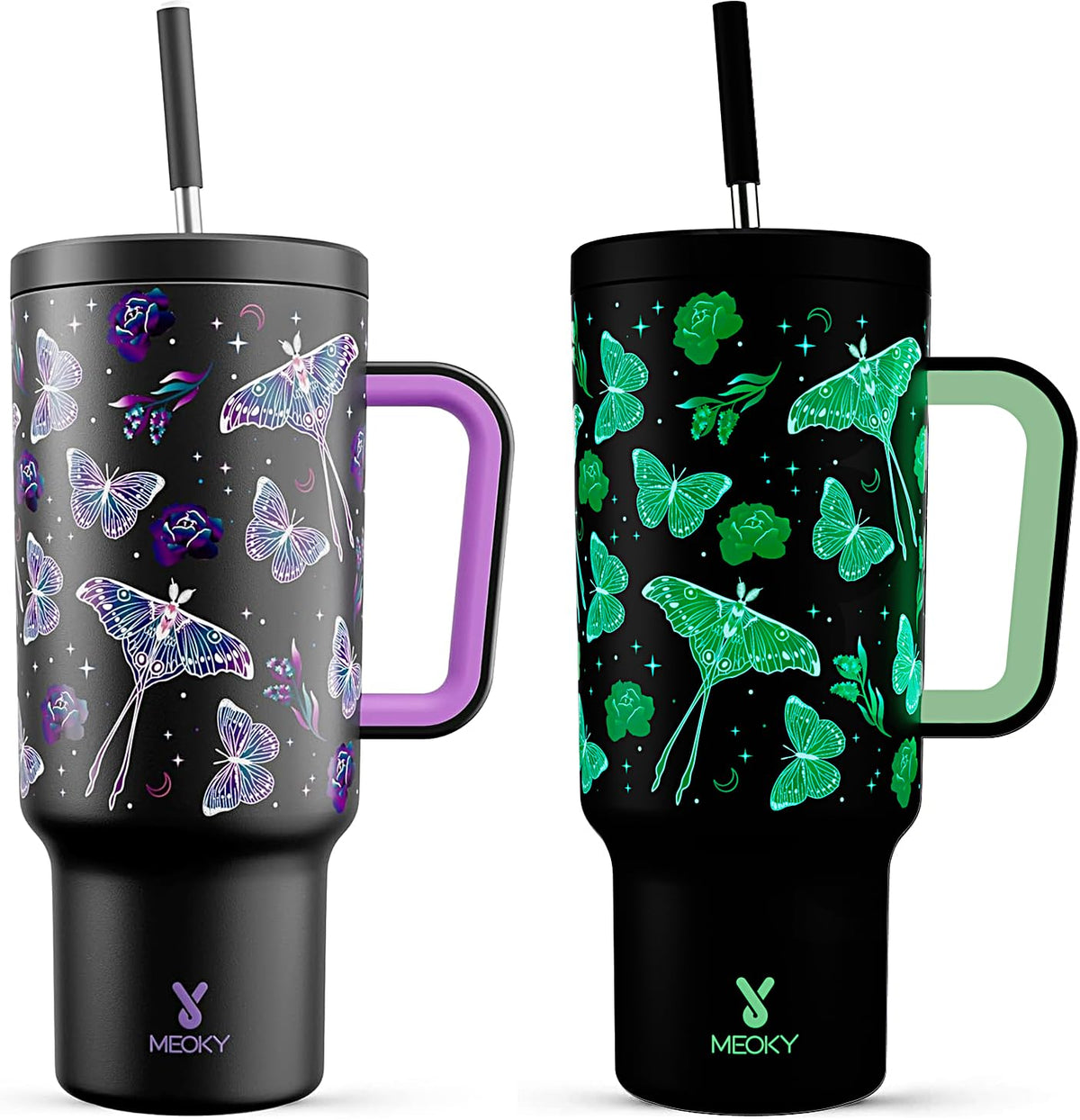 Meoky 40oz Tumbler with Handle, Leak-proof Lid and Straw, Insulated Coffee Mug Stainless Steel Travel Mug, Keeps Cold for 34 Hours or Hot for 10 Hours (Night)