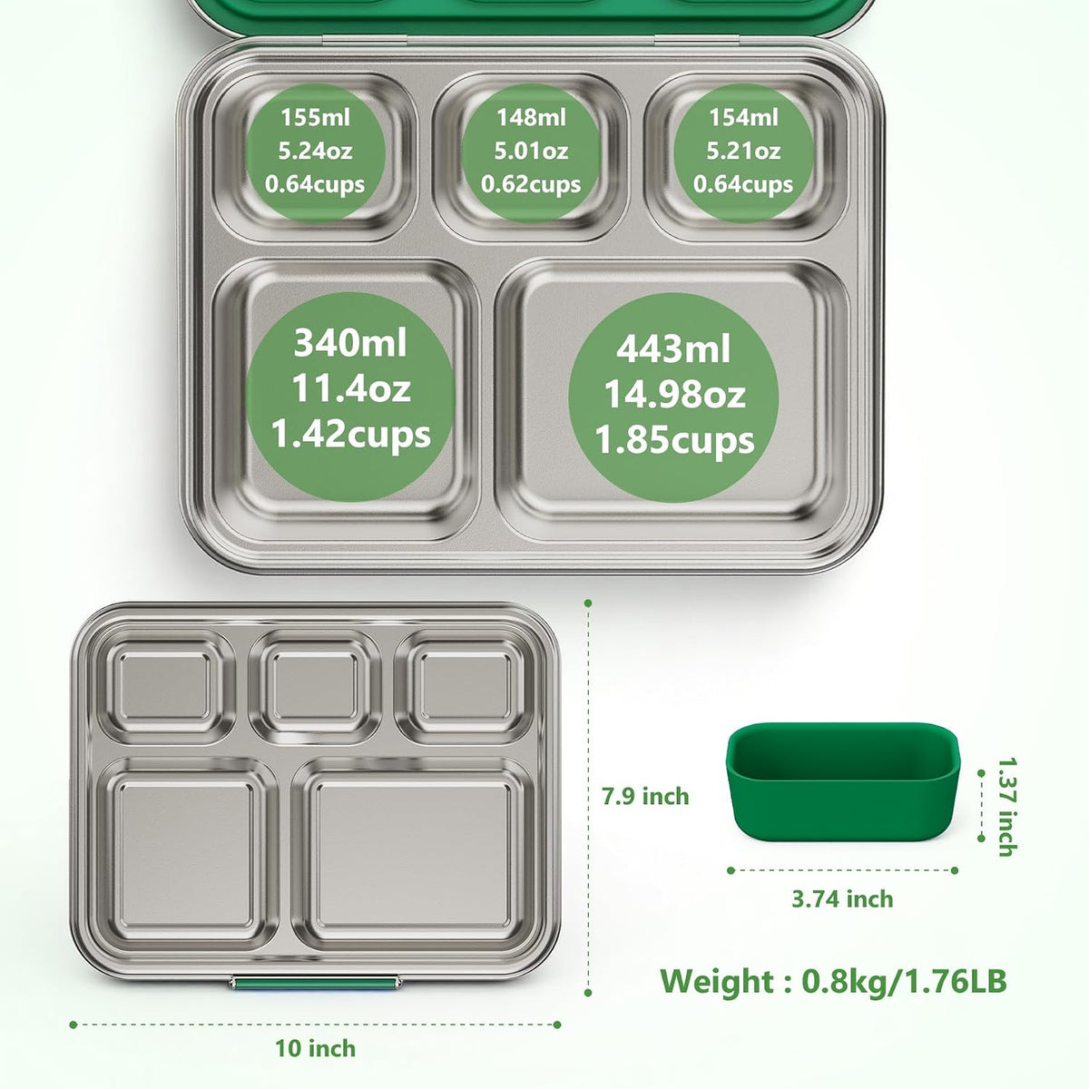 Pawtong Stainless Steel Lunch Box, 5-Compartment Bento Lunch Box for Kids & Adults,Metal Lunch Box with Removable Silicone Container, Lunch Box Containers for School,Office(Green)