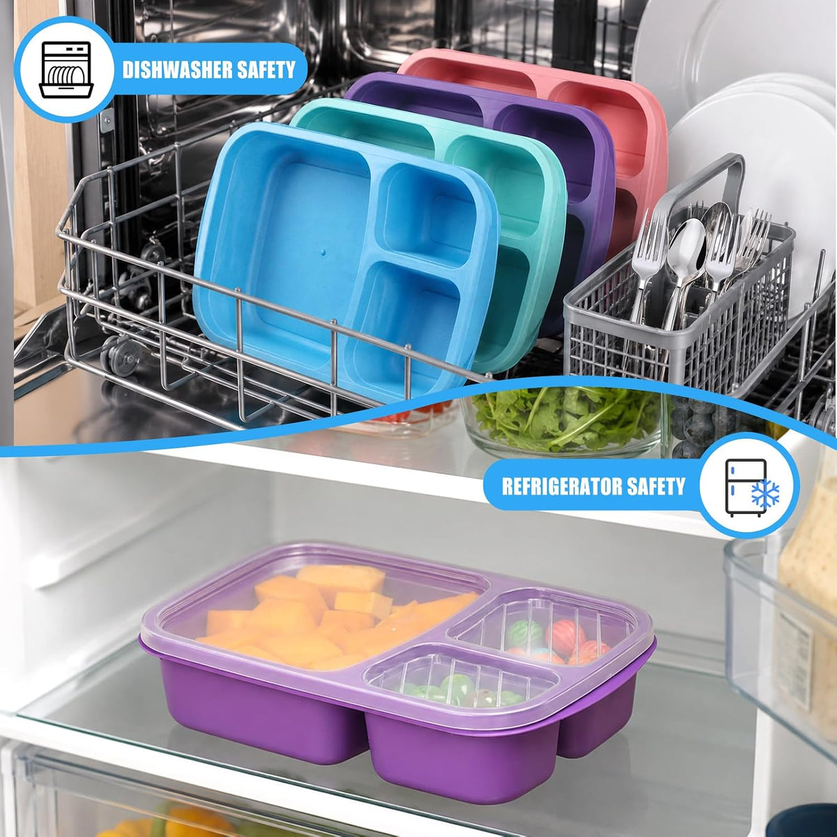 buluker 4 Pack Bento Lunch Box Set 3 Compartment Food Storage Containers Wheat Straw Meal Prep Lunch Box Plastic Food Storage Containers, Microwave and Dishwasher Safe (Vivid Colors)