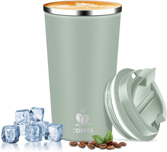 Insulated Travel Coffee Mug Reusable Coffee Tumbler Cup with Flip Lid Leak Proof Spill Proof for Office School Party Camping Hot and Cold Drink,Stainless Steel 17oz (Agave Green)