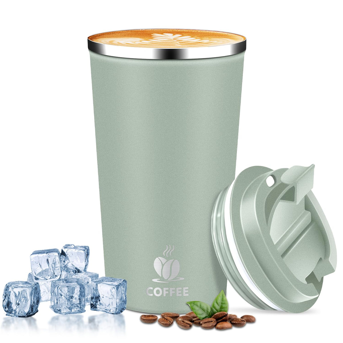 Insulated Travel Coffee Mug Reusable Coffee Tumbler Cup with Flip Lid Leak Proof Spill Proof for Office School Party Camping Hot and Cold Drink,Stainless Steel 17oz (Agave Green)