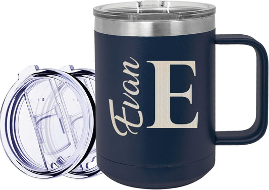 Personalized 15 oz Insulated Coffee Mug with Lid – Custom Name Stainless Steel Travel Cup – Double Wall Vacuum Sealed with Handle, Custom Coffee Travel Mug, Gift for Her Him