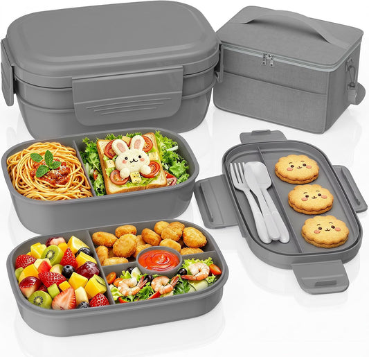 Adults Bento Lunch Box Set with Lunch Bag for Work, Dining Out（Grey）