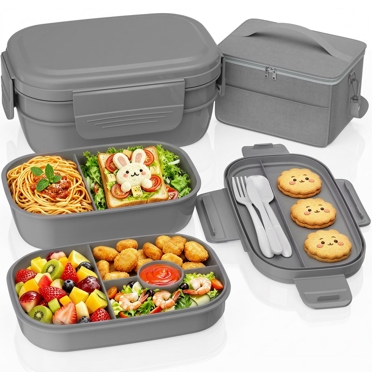 Adults Bento Lunch Box Set with Lunch Bag for Work, Dining Out（Grey）