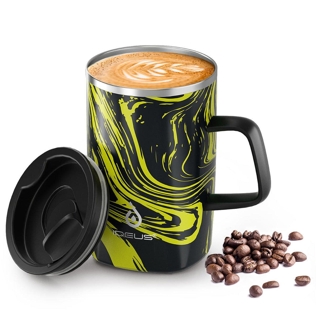 Ideus 16 oz Insulated Coffee Mug with Lid and Handle, Leopard Pink