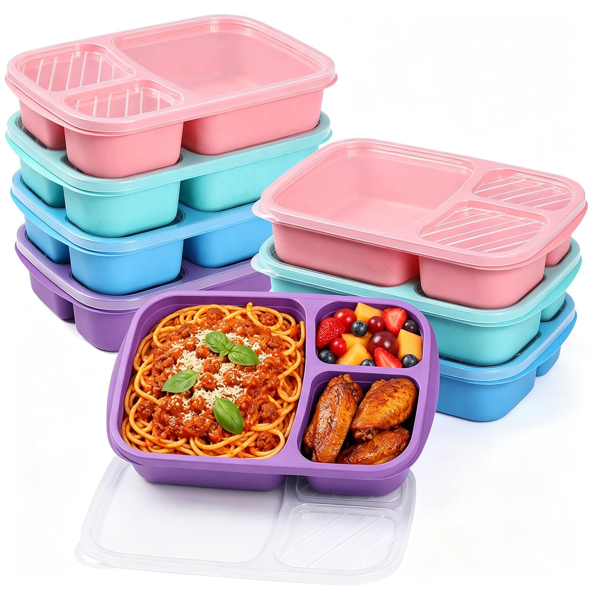 buluker 4 Pack Bento Lunch Box Set 3 Compartment Food Storage Containers Wheat Straw Meal Prep Lunch Box Plastic Food Storage Containers, Microwave and Dishwasher Safe (Vivid Colors)