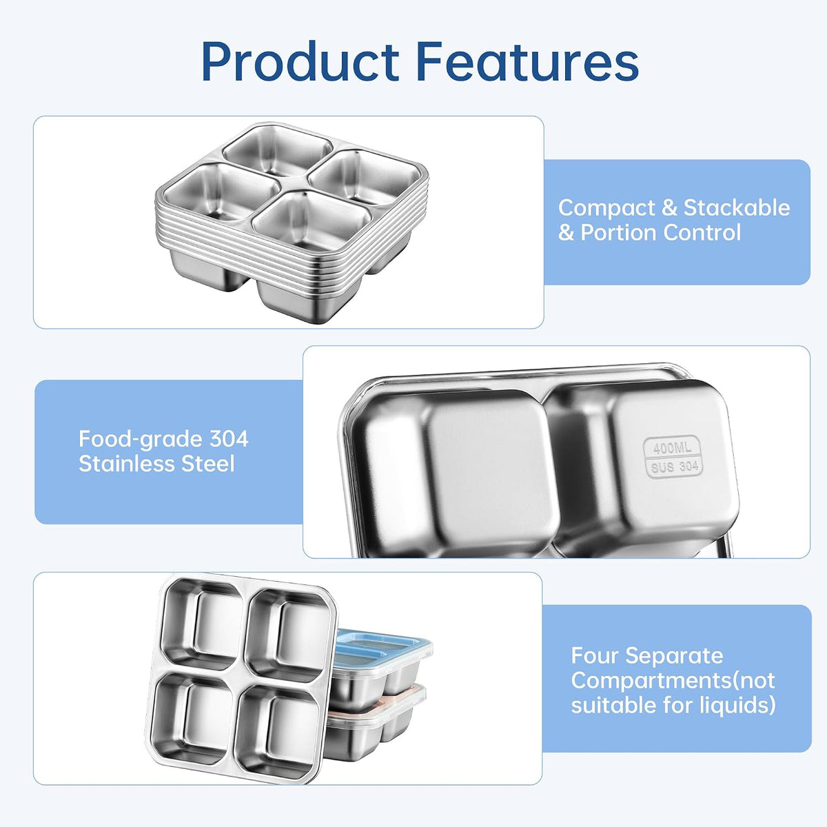BEFOY 304 Stainless Steel Snack Containers with Lids Bento Lunch Boxes