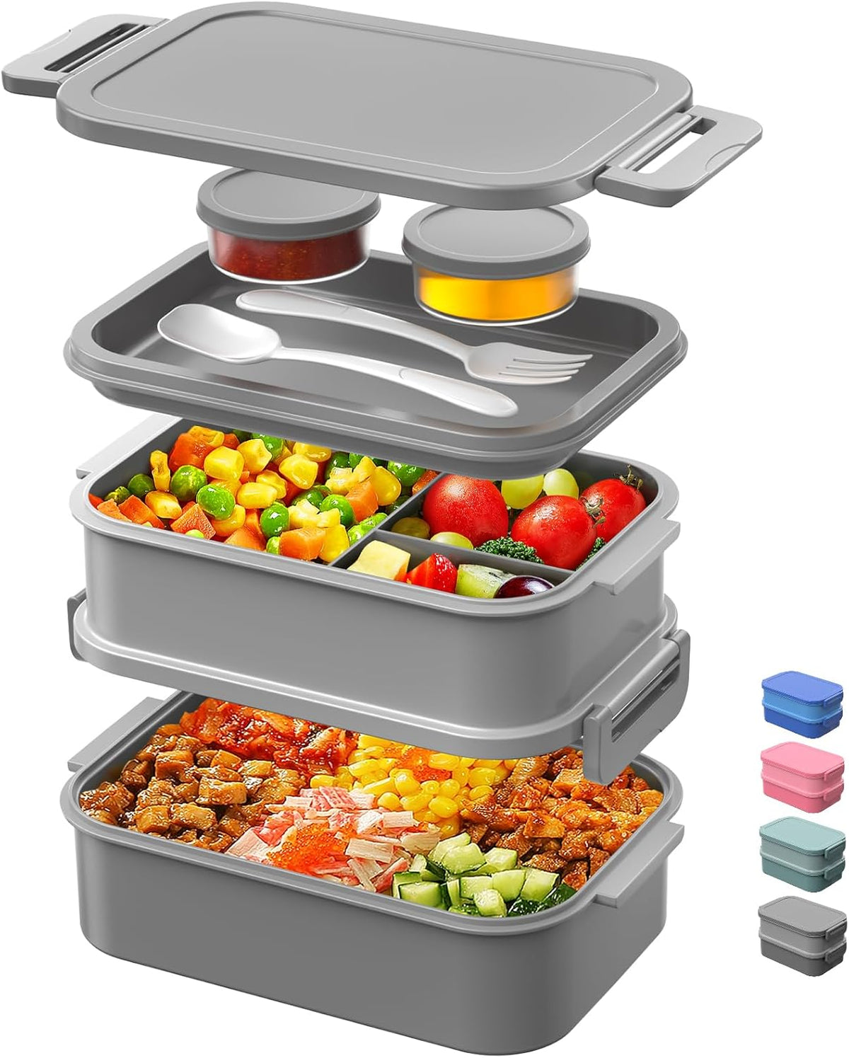 DaCool 2 Pack Adults Lunchbox Bento Box 74 OZ Stackable Lunch Box for Kids Adults Men Women Teens Leakproof Bento Large Lunch Box Container with Fork Spoon Sauce Box for School Work,Grey,Morandi-Green