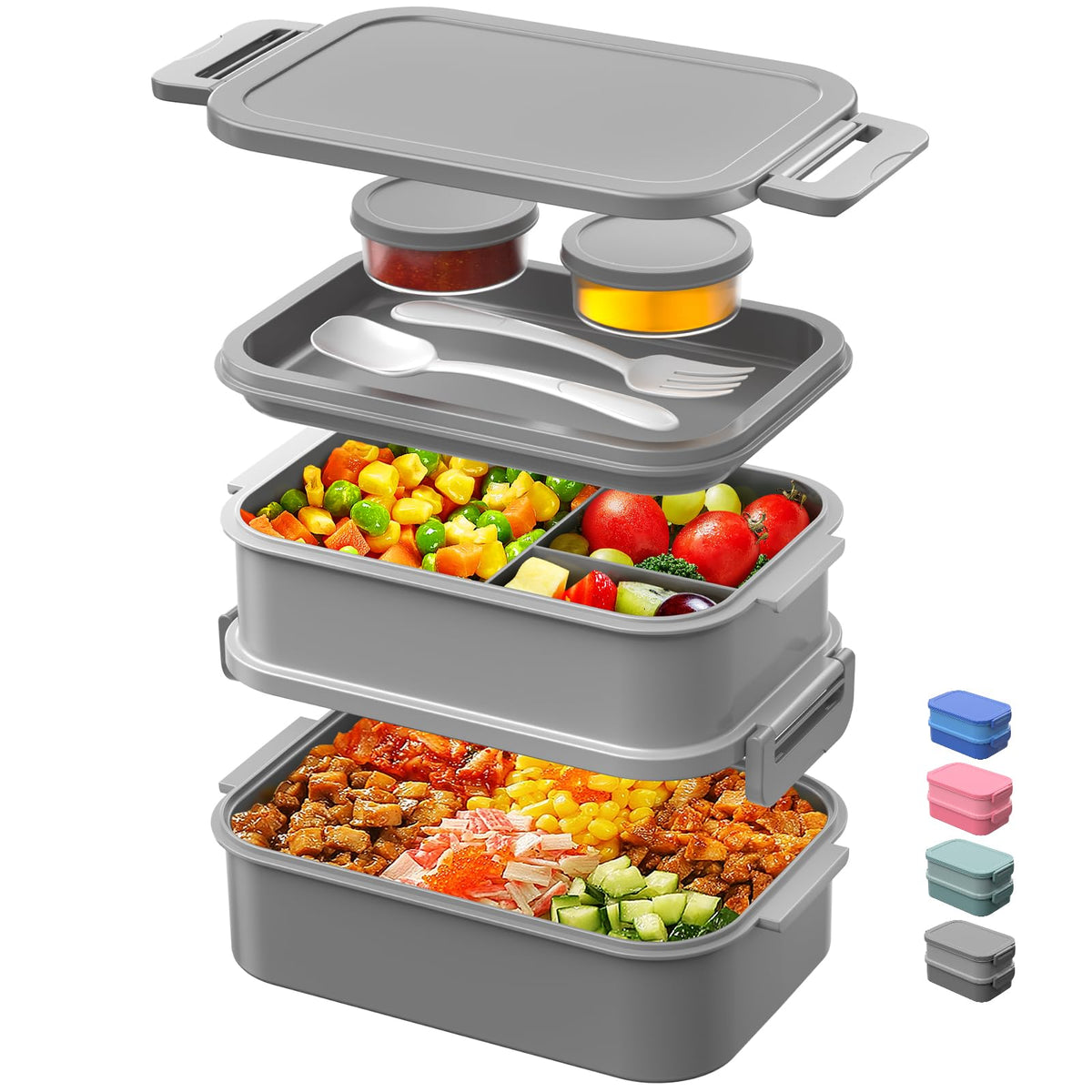 DaCool 2 Pack Adults Lunchbox Bento Box 74 OZ Stackable Lunch Box for Kids Adults Men Women Teens Leakproof Bento Large Lunch Box Container with Fork Spoon Sauce Box for School Work,Grey,Morandi-Green
