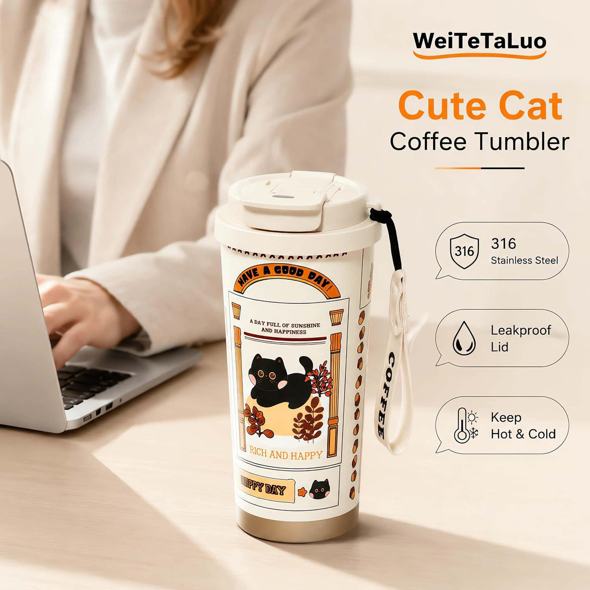 16oz Cat Coffee Travel Mug with Lid and Straw