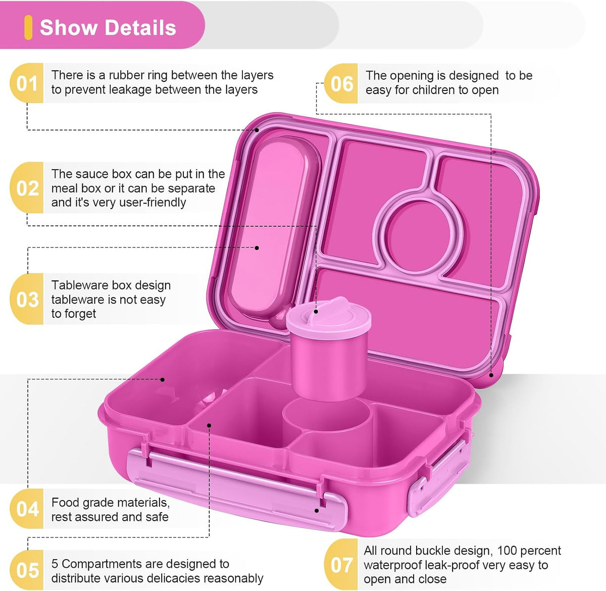 Amathley Bento Box Adult Lunch Box Kids,Lunch Containers for Adults/Kids/Toddler,5 Compartments Bento Lunch Box with Sauce Vontainers,Microwave & Dishwasher & Freezer Safe,BPA-Free (Red lily)