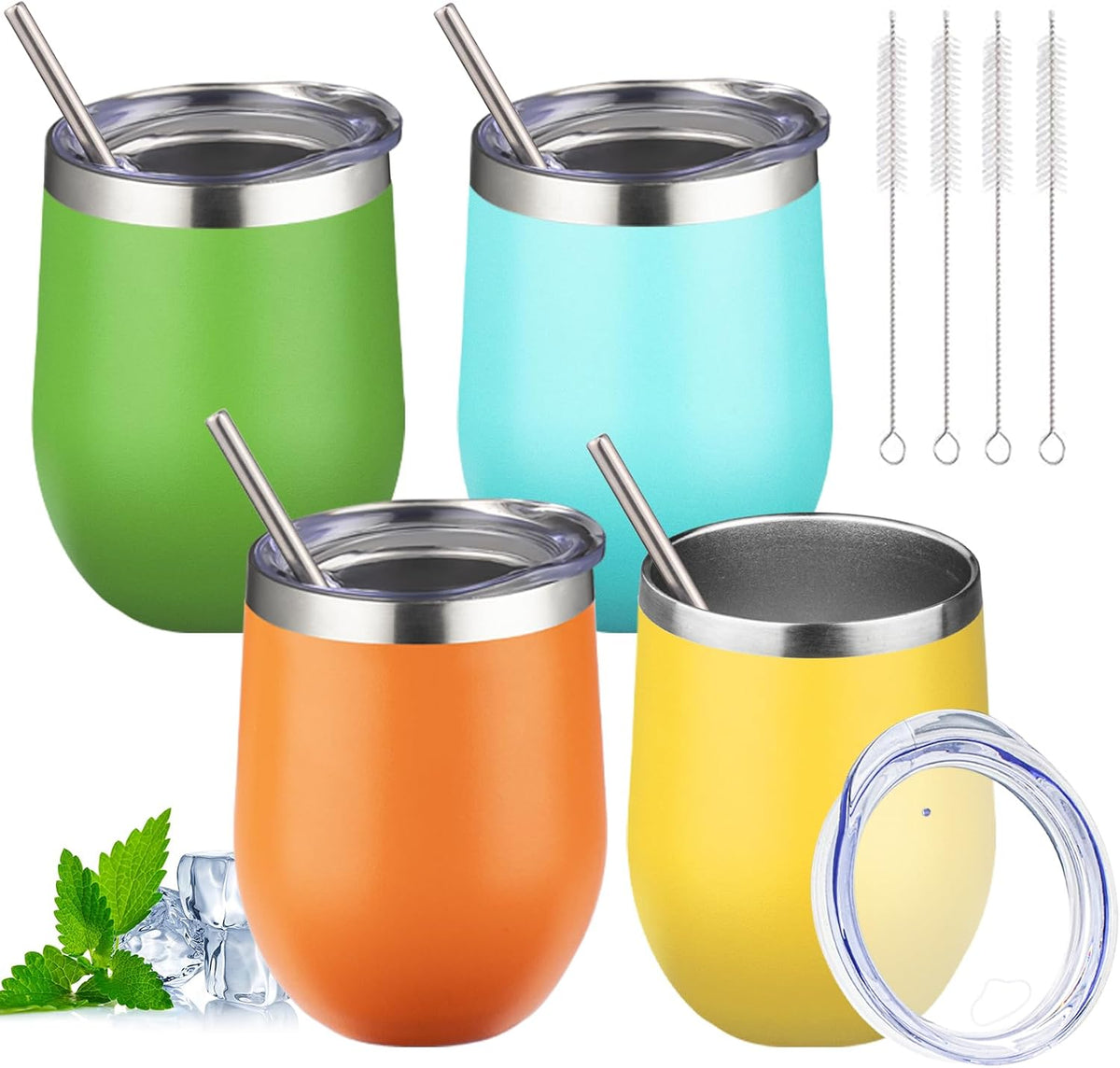 12oz Stemless Wine Tumbler with Lid Double Wall Insulated Wine Cup Stainless Steel Glasses Tumbler with Straw Insulated Cocktail Tumbler Coffee Mug for Hot and Cold Beverages (Multicolor-4, 4 Pack)