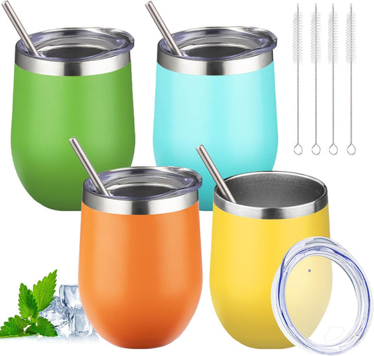 12oz Stemless Wine Tumbler with Lid Double Wall Insulated Wine Cup Stainless Steel Glasses Tumbler with Straw Insulated Cocktail Tumbler Coffee Mug for Hot and Cold Beverages (Multicolor-4, 4 Pack)