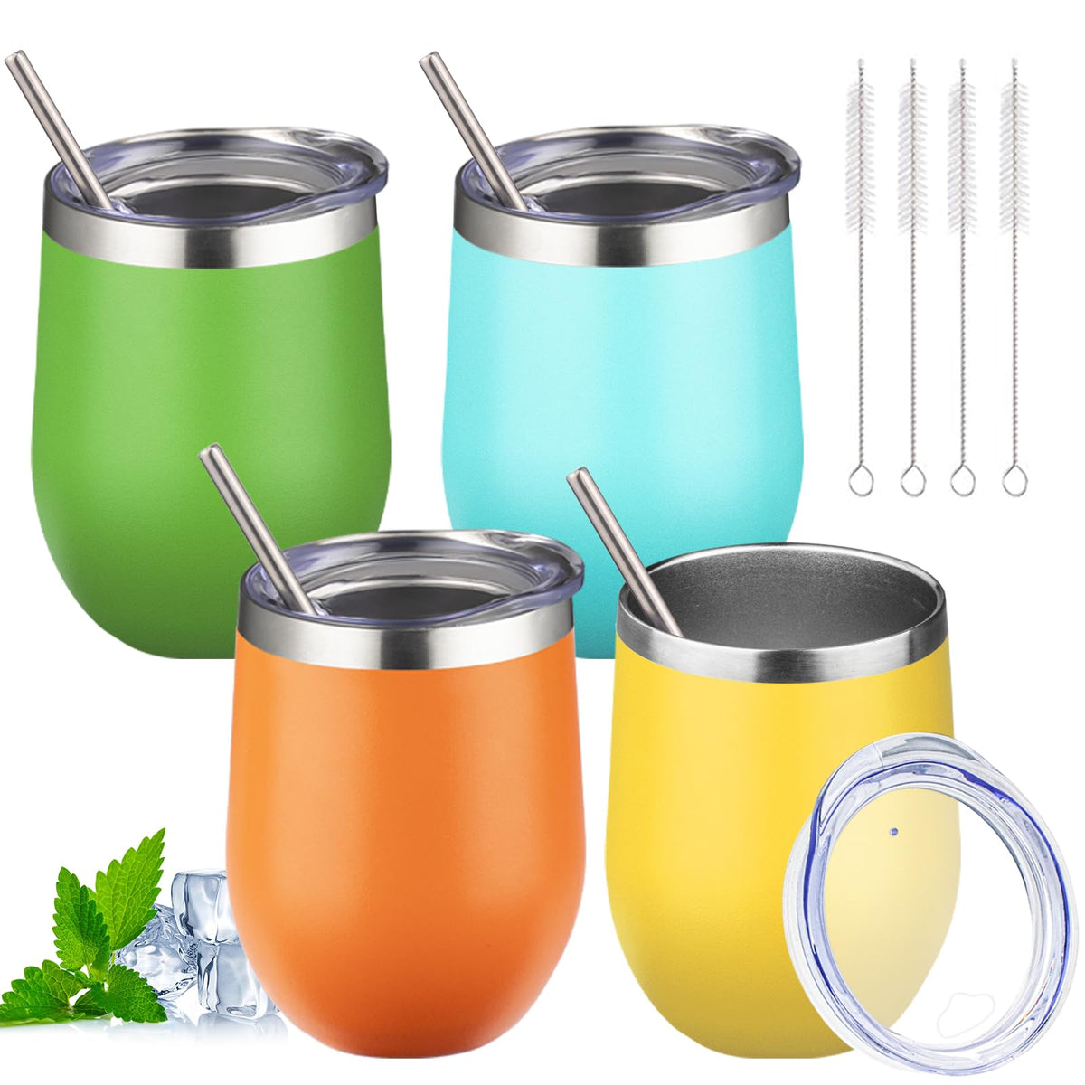12oz Stemless Wine Tumbler with Lid Double Wall Insulated Wine Cup Stainless Steel Glasses Tumbler with Straw Insulated Cocktail Tumbler Coffee Mug for Hot and Cold Beverages (Multicolor-4, 4 Pack)