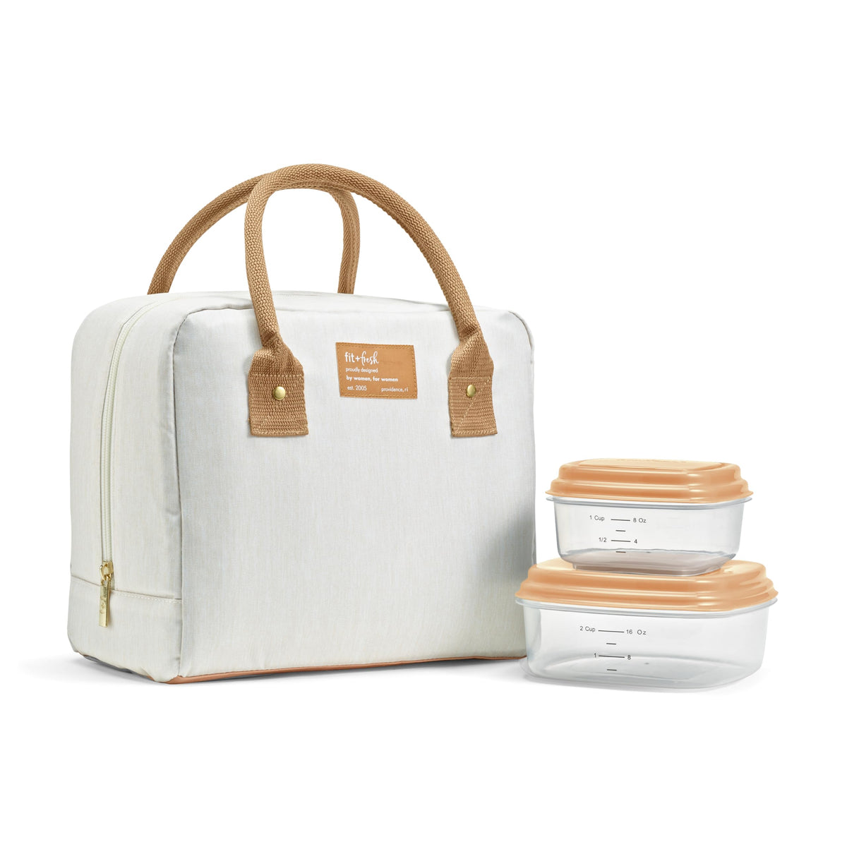 Fit & Fresh Bloomington Lunch Bag for Women - Insulated Large Lunch Box for Work with Containers, Leak-Resistant, Stain-Resistant, Zipper Closure, Feline Fine Ivory