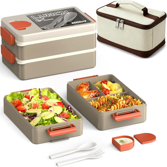 Sitlais Bento Box for Adults, 67oz 2-Layer Stackable Lunch Box with Bag