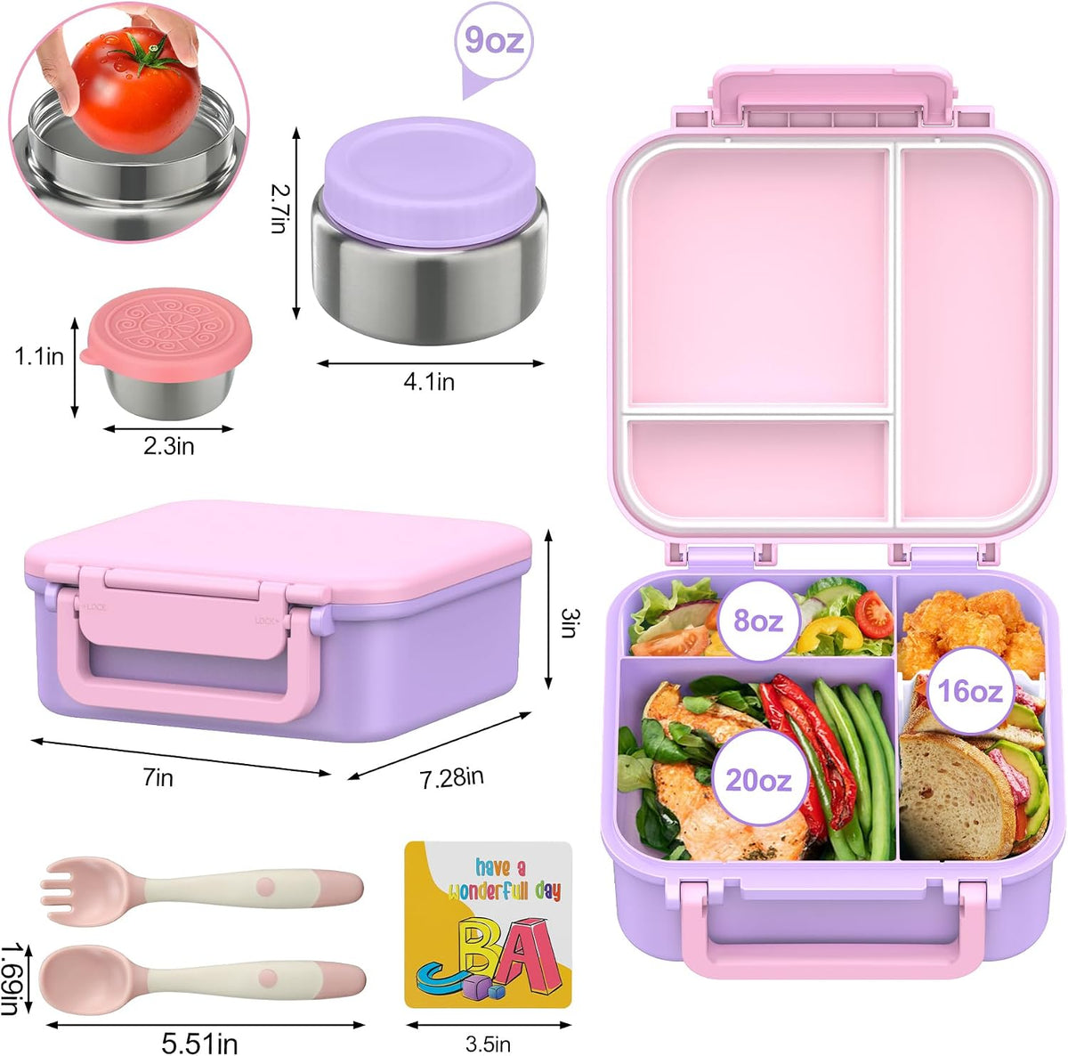 Kids Bento Lunch Box with 9oz Soup Thermo Leakproof Lunch Food Containers 4 Compartment with Insulated Hot Food Jar for Kid Toddler Girls Boys to School Trvael