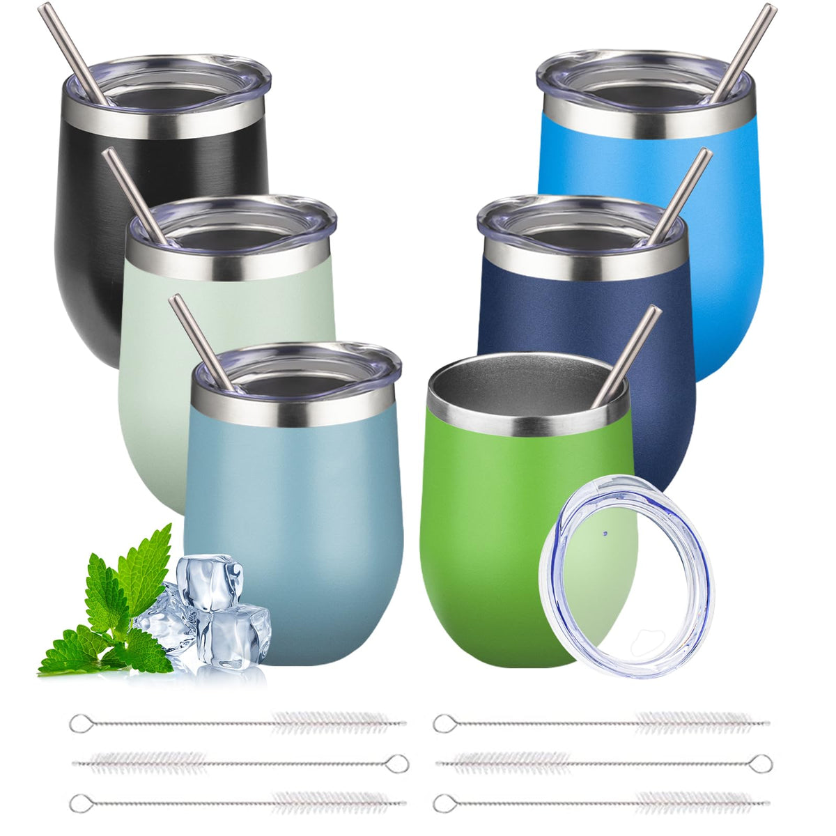 12oz Stemless Wine Tumbler with Lid Double Wall Insulated Wine Cup Stainless Steel Glasses Tumbler with Straw Insulated Cocktail Tumbler Coffee Mug for Hot and Cold Beverages (Multicolor-4, 4 Pack)