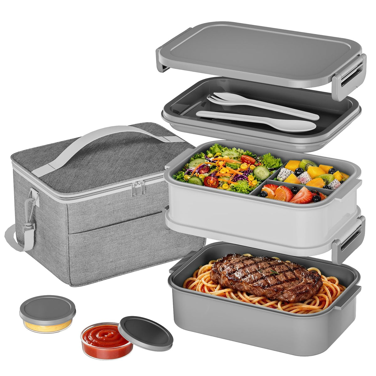 Adults Lunchbox Bento Box with Lunch Bag- 74 OZ All-in-One Stackable Lunch Box for Adults Kids Women Men Leakproof Bento Large Lunch Box Containers with Fork Spoon Sauce Box for Work School (Grey)
