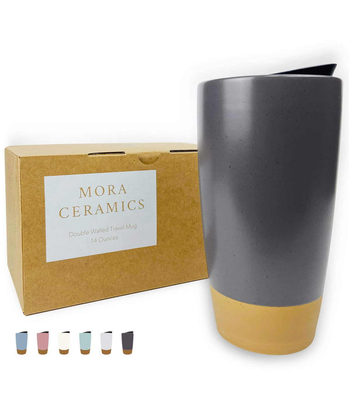 Mora Double Wall Ceramic Coffee Travel Mug with Lid, 14 oz, Portable, Microwave, Dishwasher Safe, Insulated Reusable Tall Cup, Splash Resistant Lid - To Go Tumbler for Car Cup Holder, Cotton White