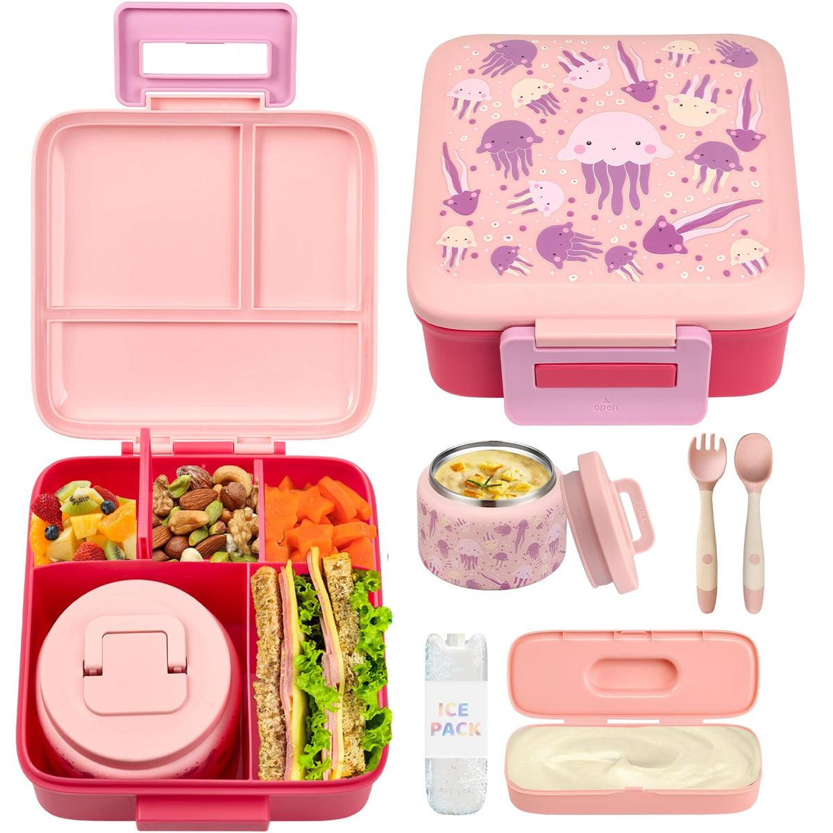 JXXM Bento Lunch Box for Kids With 8oz Soup thermo,Leak-proof Lunch Containers with 5 Compartment,thermo Food Jar and Lunch Bag, Food Containers for School (A-Black(Game Consoley))