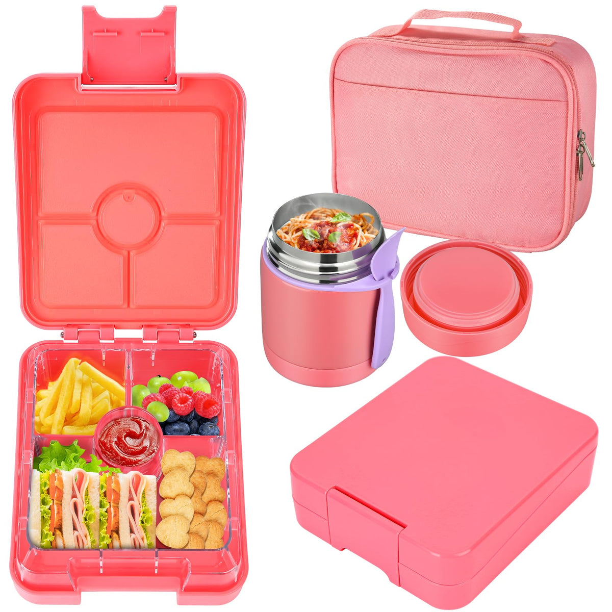 Bento Lunch Box Set for Kids with 10oz Soup Thermo, Leak-Proof Lunch Containers with 4 Compartment, Kids Thermo Hot Food Jar and Insulated Lunch Bag for Kid to School,BPA-Free(Black)