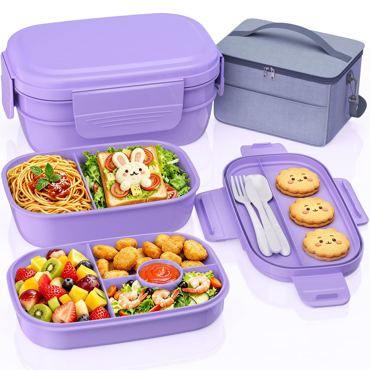Adults Bento Lunch Box Set with Lunch Bag for Work, Dining Out（Grey）