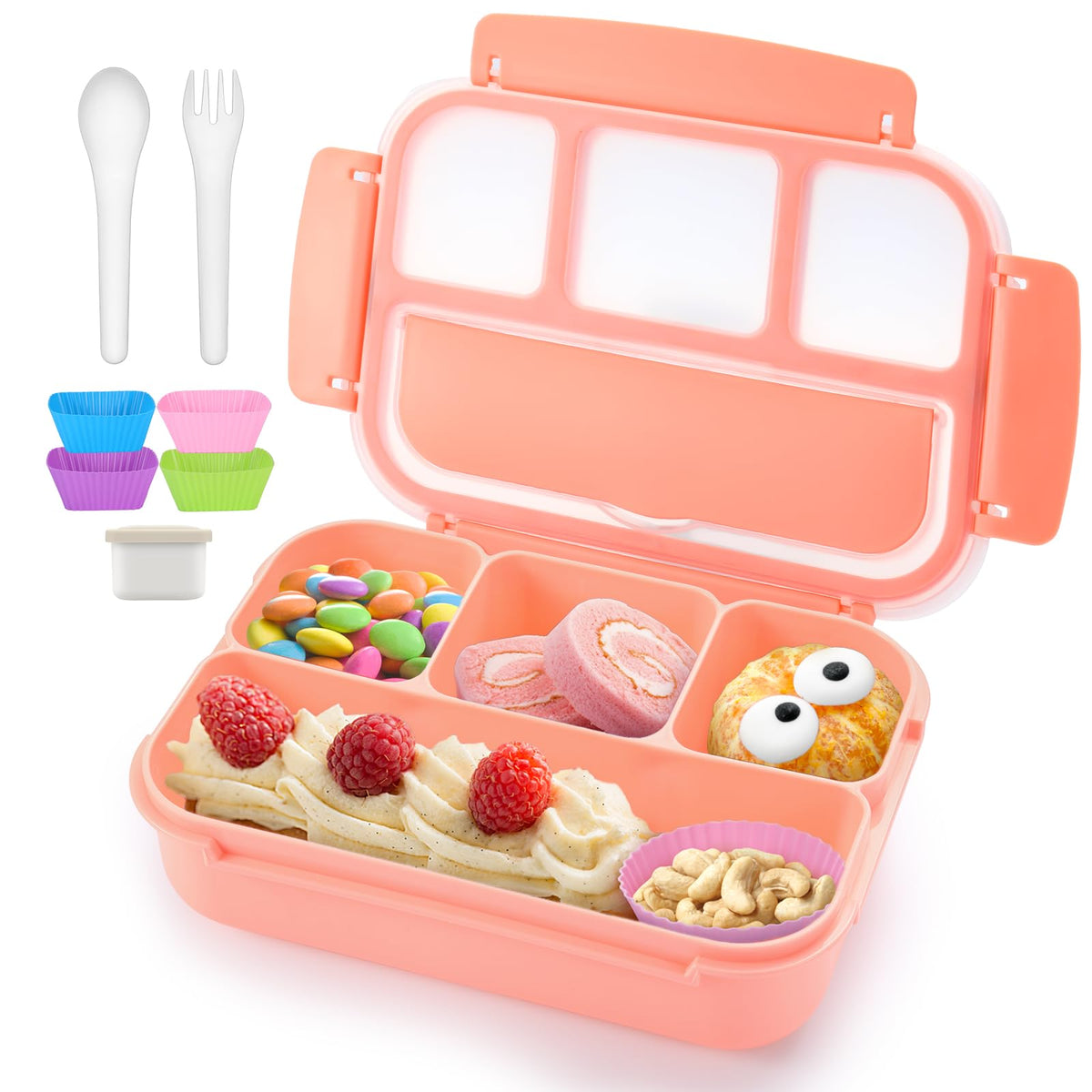 QQKO Bento Box Adult Lunch Box, Lunch Containers for Adults Men Women, Kids Lunch Boxes for School with 4 Compartments, Sauce Container, Utensils and Muffin Cups, Purple