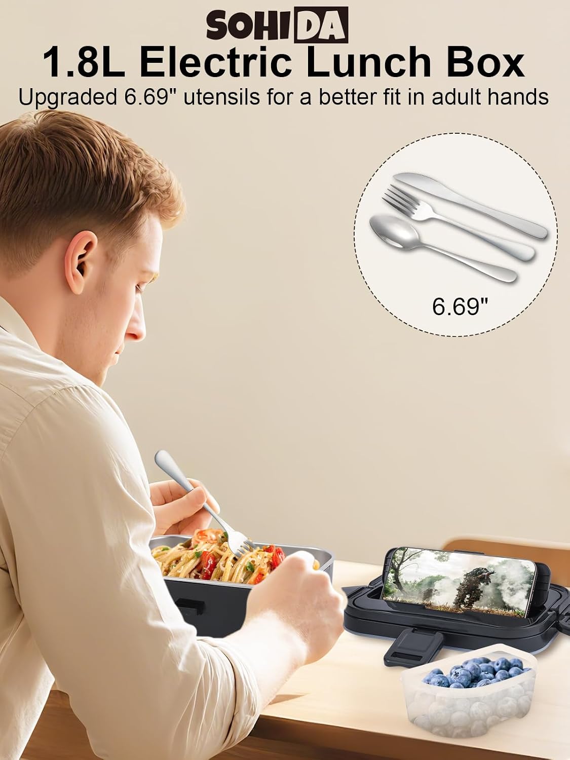 1.8L Heated Lunch Box for Men, Portable Food Warmer for Car/Truck/Office