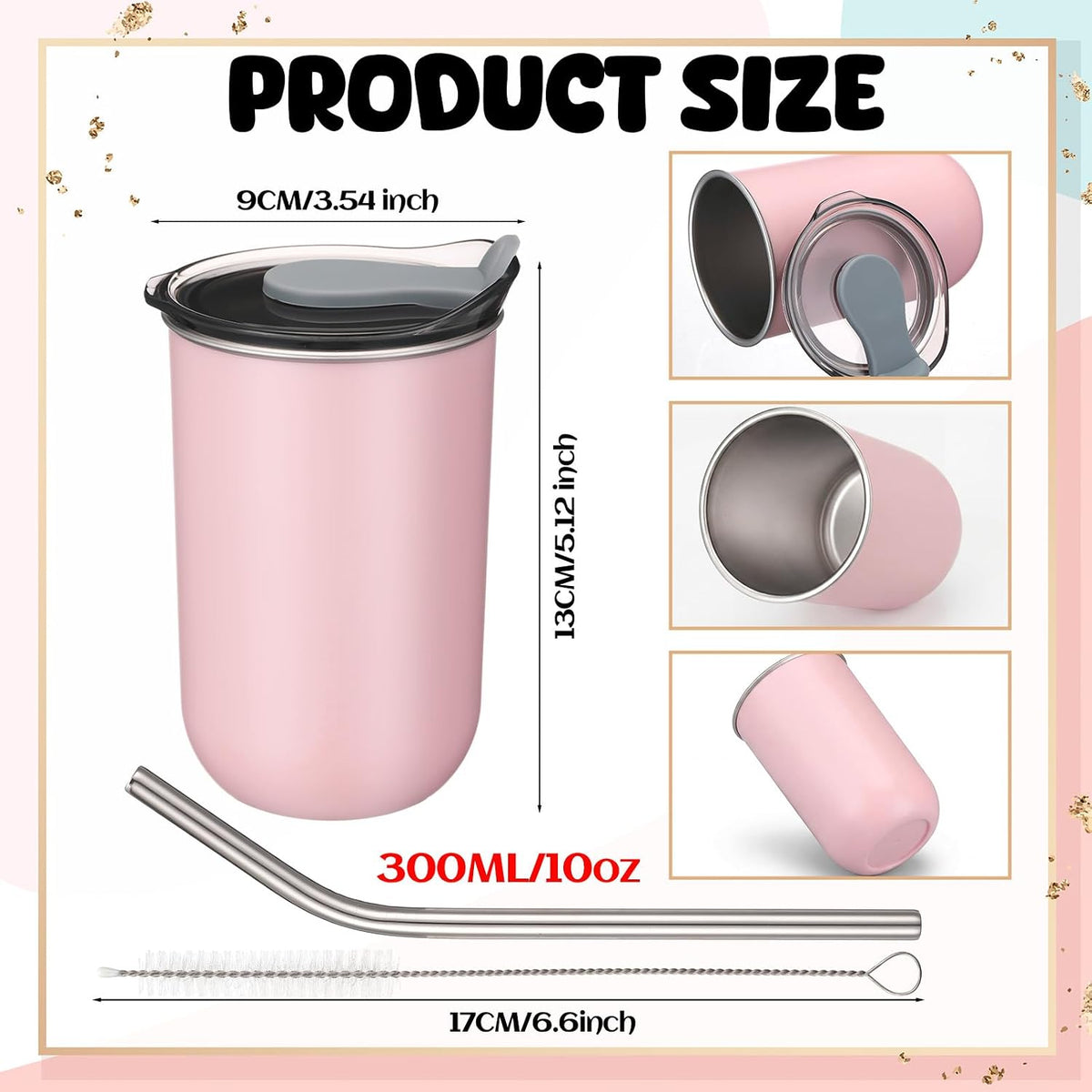 Remerry 4 Pack 10 oz Stainless Steel Wine Tumbler with Lids Double Wall Vacuum Insulated Travel Mugs Includes 4 Straws and 4 Straw Brushes for Hot Cold Drinks Tea Coffee Cocktails (4 Colors)